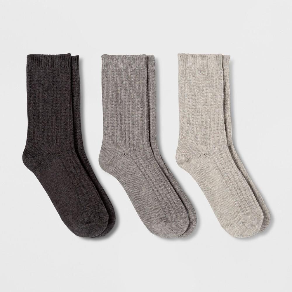 Women's Waffle 3pk Crew Socks - Universal Thread™ Black/Heather Gray/Gray 4-10